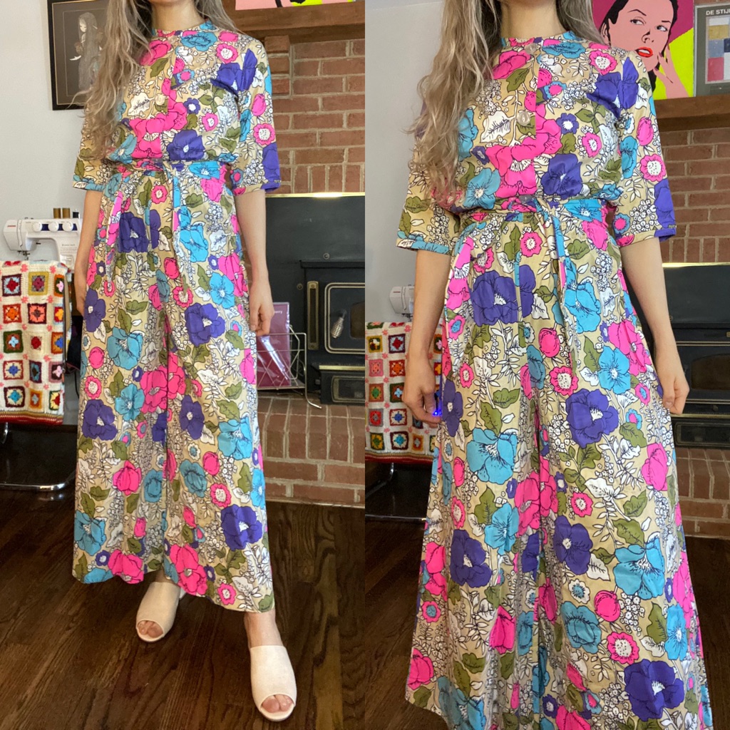 Vintage 70s Elephant Pants Matching Tie Crop Top Neon Floral Psychedelic